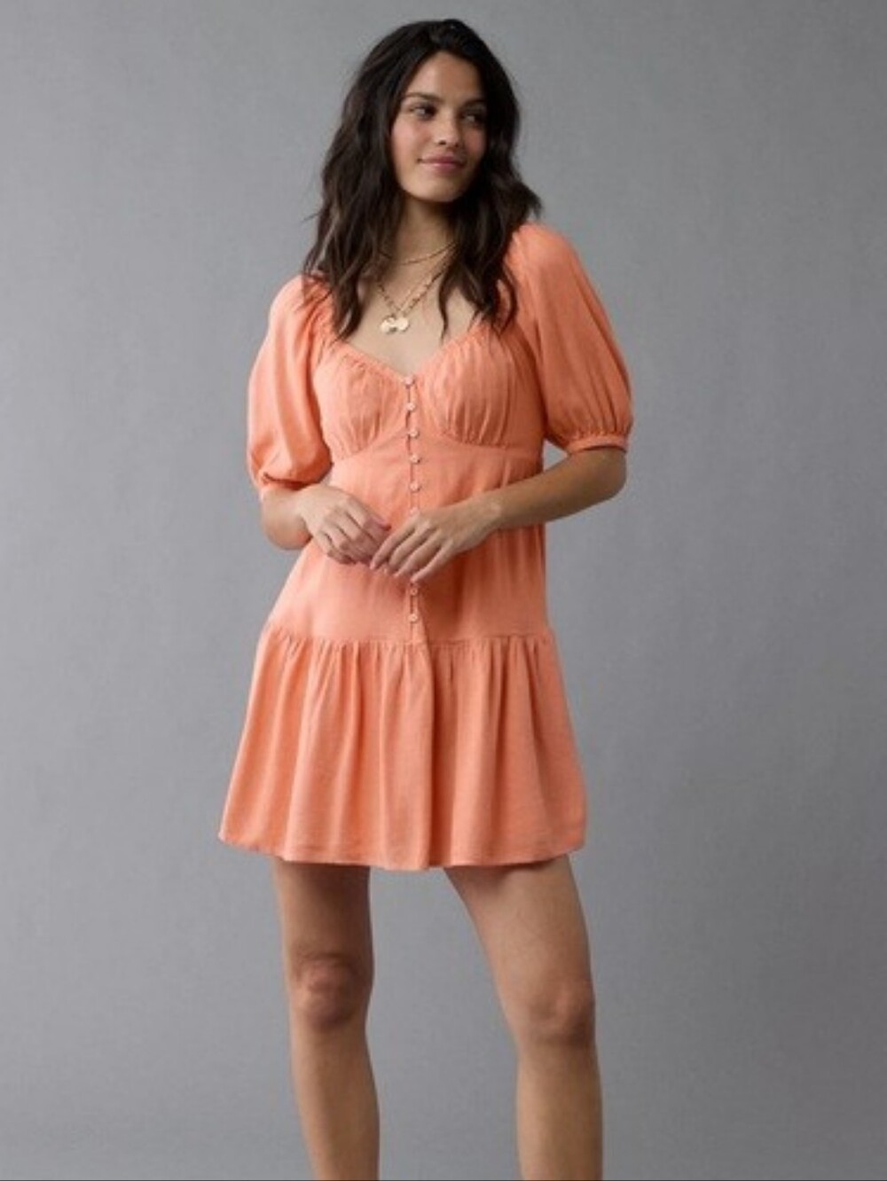 AE - NWT Peach Button-Front Puff Sleeve Babydoll Dress - L